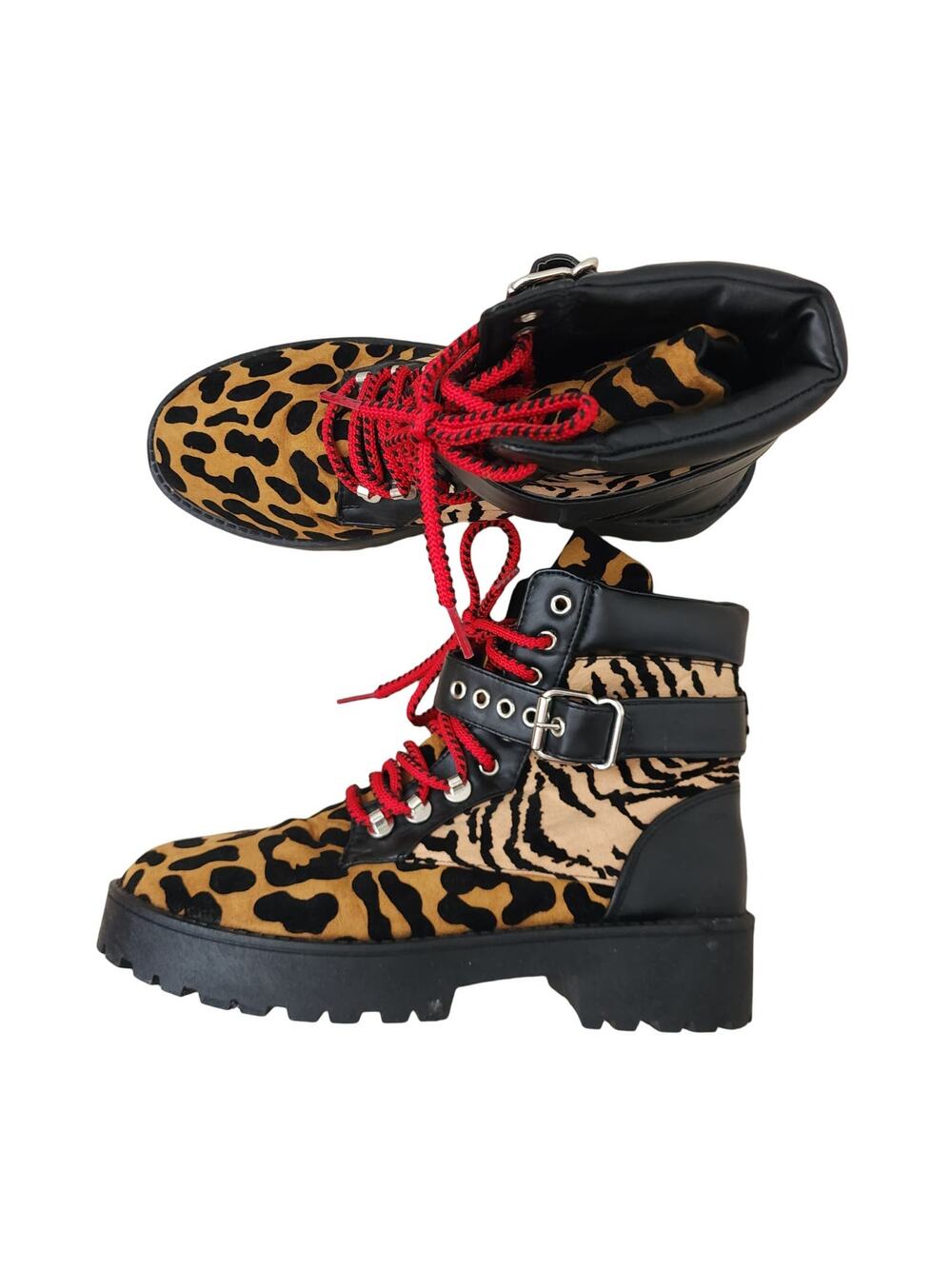 Qupid Womens Combat Boots 9 Orange Warfare 09A Leopard Tiger Lace Up Buckle Lug